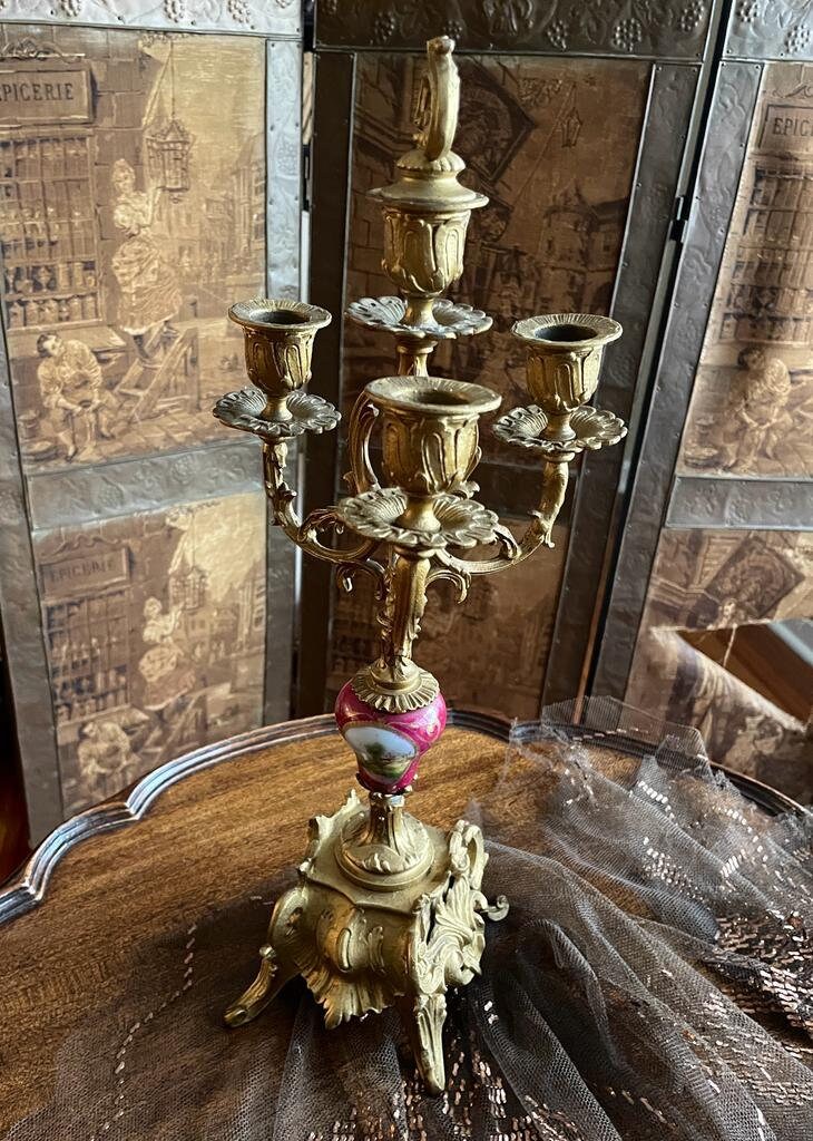 Antique Rococo Style French Clock Set Gilt Bronze Candelabras