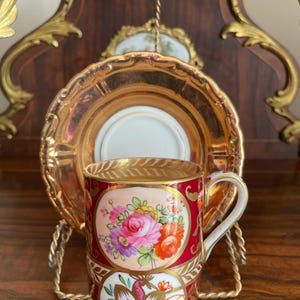 Vintage Floral Porcelain Teacup Set Gold Trim Red Hand Painted Saucer English Style Display Elegant Romantic Roses Regal Collectible Decor
