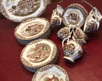 Vintage Heritage Hall Ironstone Dinnerware Set England Historic Homes Pattern Multicolor Plates Cups Bowls Platter Transferware Rare