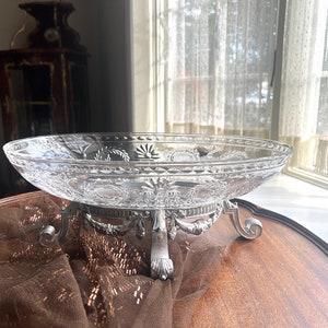Antique Crystal Oval Bowl on Silverplate Footed Stand Cut Glass Fruit Dish Decorative Centerpiece Floral Garland Neoclassical Elegant Style
