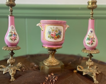 French Antique Porcelain Floral Centerpiece Pink Candlestick Set Brass Base Romantic Home Decor Table Accent Elegant Vintage Display