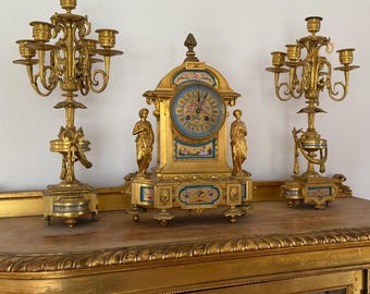 Antique French Ormolu Clock Candelabra Garniture Set Late 19th Century Cloisonné Enamel Sevres  Porcelain Clock  Set Luxurious Home Decor
