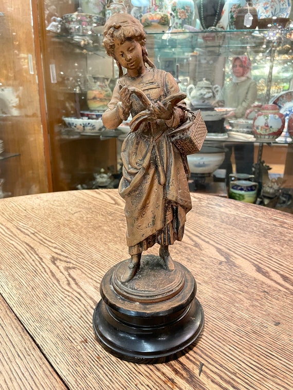 フランス　本を読む少女　アンティーク　置物　オブジェ　ビンテージ　骨董コレクター Vintage Girl Reading Book Statue Bronze Finish Figurine With