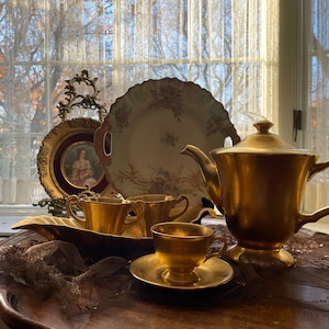 Vintage Gold Lusterware Tea Set Porcelain Coffee Pot Cups Creamer Sugar Bowl Tray Mid Century Elegant Display Collectible Japan Decoration