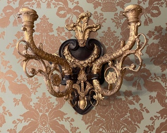 Pair of Vintage Heavy Gold Cast Iron Candlestick  Wall Sconces