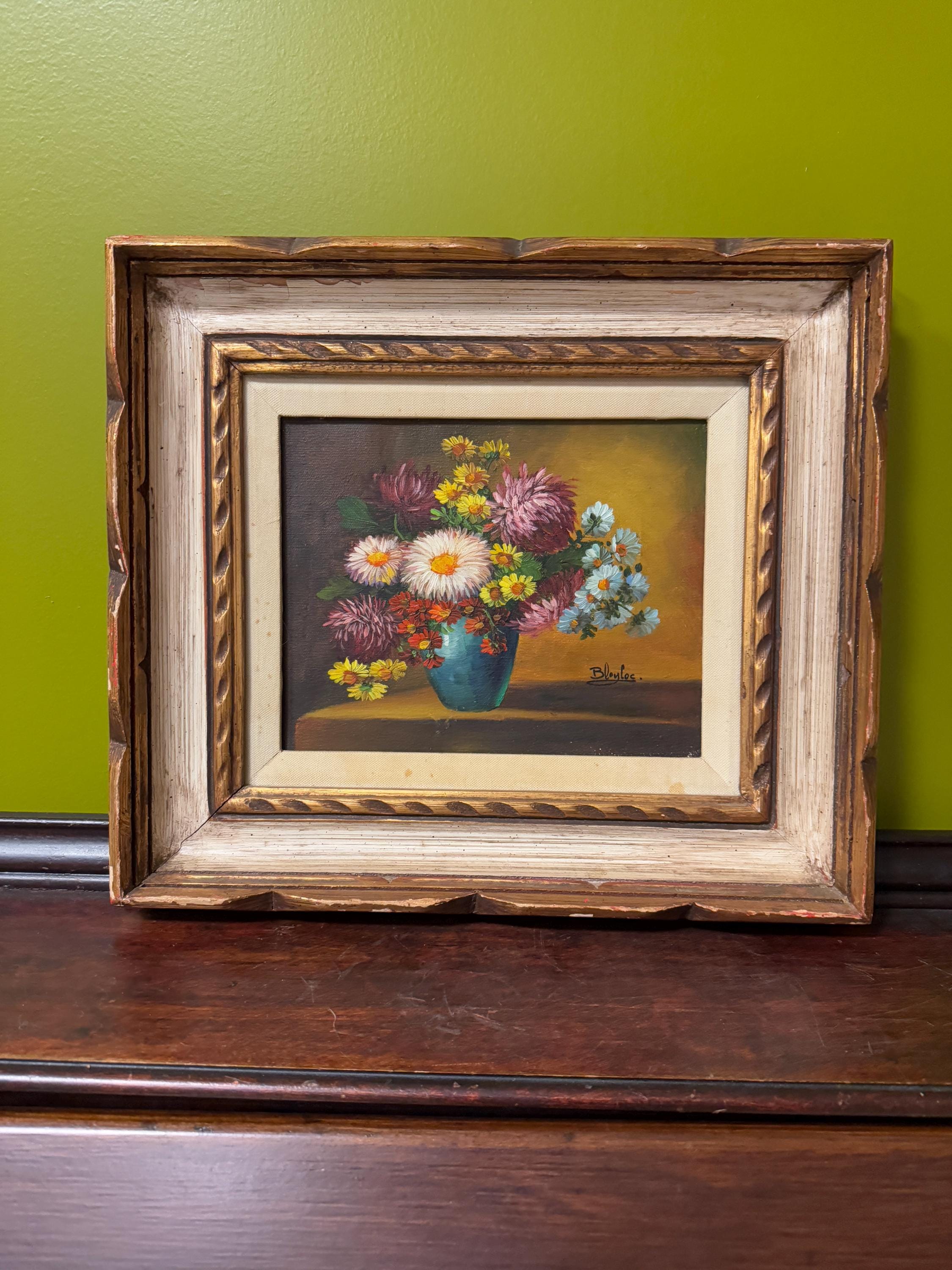 Vintage Floral Still Life Oil Painting in Ornate Wood Frame, Hand
