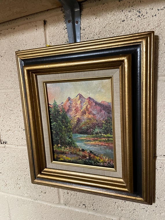 額入り山の風景油絵 ウォールアート 自然 川の風景 サイン入り L