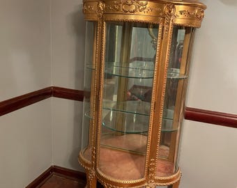 Victorian Wood Gilded Glass Display Cabinet Curved Glass Antique Showcase Shelves Gold Trimmed Curio Cherub Home Decor Elegant Accent Piece