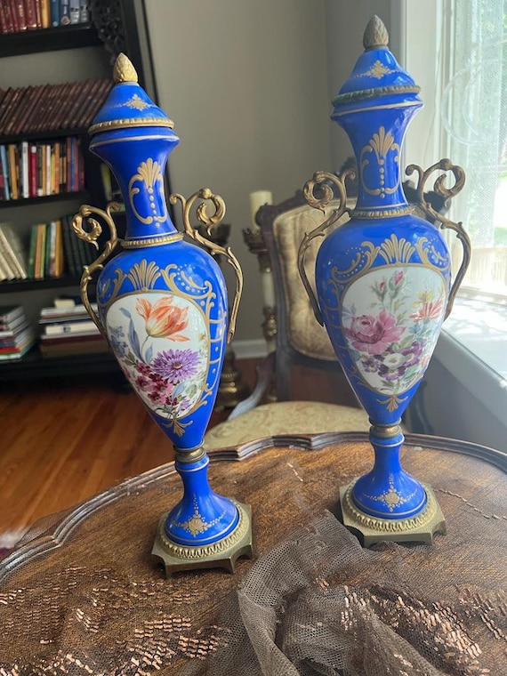 Antique French Cobalt Blue Porcelain Vases Pair Floral Urns Gilt