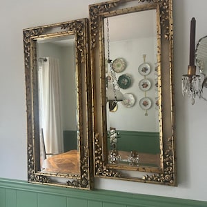 Pair Of Gold Wood Floral Carved Mirrors, French Style Wall Decor, Elegant Vintage Mirrors Ornate Rectangular Frame Luxurious Designer Mirror