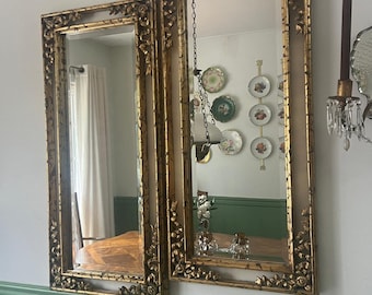 Pair Of Gold Wood Floral Carved Mirrors, French Style Wall Decor, Elegant Vintage Mirrors Ornate Rectangular Frame Luxurious Designer Mirror