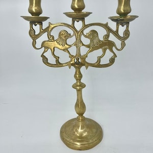 Vintage Brass Three Arm Candelabra Lion Motif Ornate Candle Holder Heavy Solid Metal Middle Eastern Style Antique Gold Home Decoration Piece