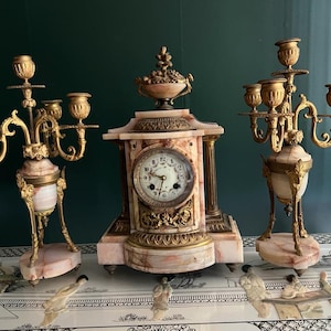 19th Century Alabaster Brass Mantel Clock Set Decorative Antique French Candelabra Pair Elegant Gilded Classical Style Home Display Decor