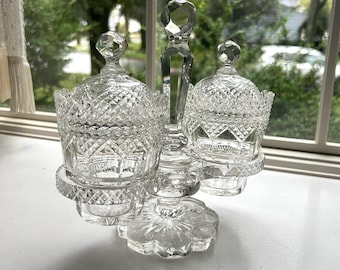 Vintage Crystal Condiment Server Cut Glass Dish Set Pedestal Footed Jam Jar Elegant Tableware Mid Century Kitchen Decor Entertaining Piece