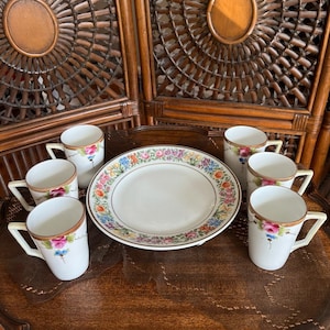 Vintage Nippon Handbemalter Porzellan Tee Set Blumenmuster Kuchenteller Sechs Tassen Footed Display Japan Antike Elegante Geschirr Dekoration