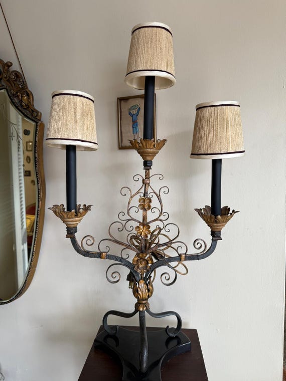 Vintage Wrought Gold Black Iron Electric Candelabra Floral Scroll