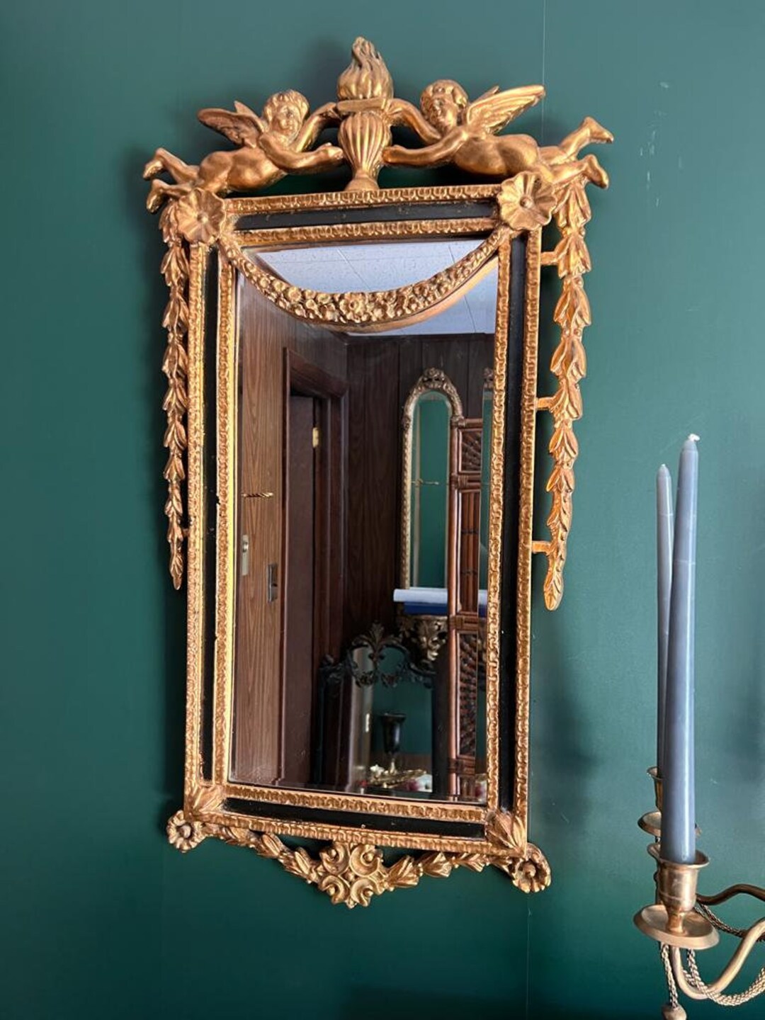 Charming Cherubs Festoon Antique Wall Mirror Gold Gilt Wooden Etsy