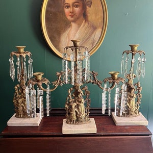 Antique Set of 3 Victorian Bronze Candlestick Girandole  Figural Ornate Crystal Prism  Marble Base Candleholder Mid 1800s