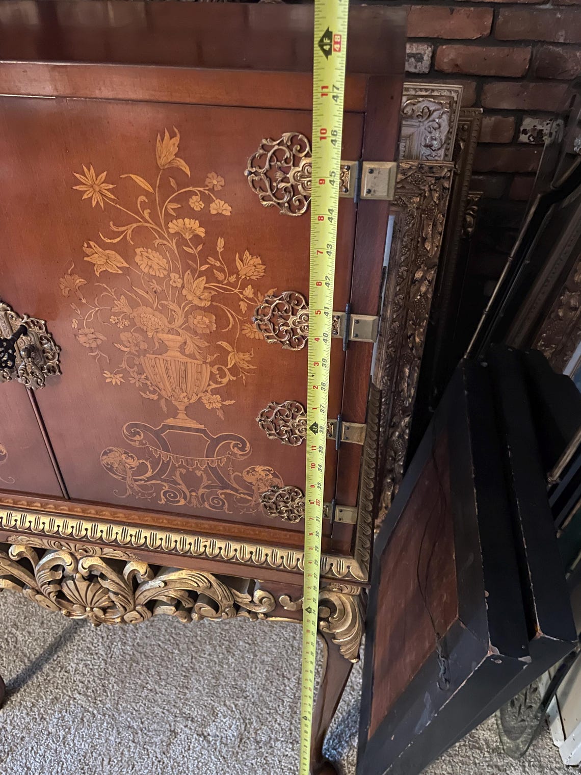 Vintage French Style Accent Cabinet, Floral Inlay, Gold Gilded Table ...