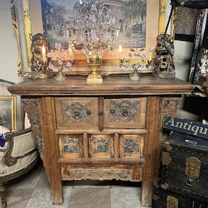 Antique Hand Carved Wood Chest Unique Rustic Floral Panel Design Ornate Storage Cabinet French Farmhouse Style Entryway Furniture Decor