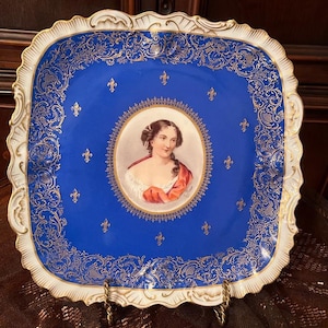 Antique Limoges D&C France Hand Painted Portrait Plate Cobalt Blue Gold Gilded Victorian Lady Elegant Wall Display Art Collectible Decor