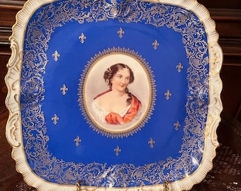 Antieke Limoges D&C France handgeschilderd portret bord kobaltblauw goud vergulde Victoriaanse dame elegante muur display kunst collectible decor