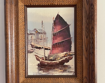 Vintage Framed Oil Painting Sailboat Artwork Coastal Scene Unique Decorative Wall Art Classic Home Décoration Elegant Maritime Wall Accent