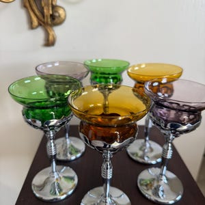 Mid Century Modern Colorful Glass Goblet Set Unique Chrome Stemware Elegant Barware Display Home Accent Retro Glam Tableware Charm Luxe