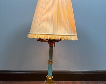 ヴィンテージ フィレンツェスタイル テーブルランプ、ターコイズブルー＆ゴールドメッキ ランプ、フリンジシェード アクセント照明