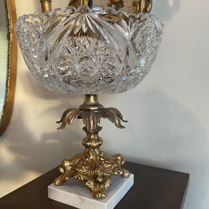 Vintage Crystal Cut Glass Bowl on Ornate Brass Marble Base Stunning Centerpiece Decorative Accent Classic Style Elegant Display Decoration