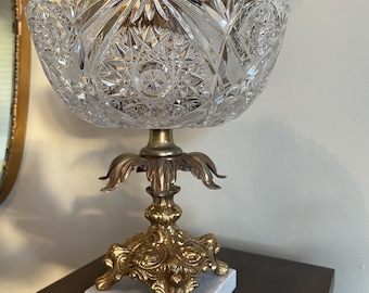 Vintage Crystal Cut Glass Bowl on Ornate Brass Marble Base Stunning Centerpiece Decorative Accent Classic Style Elegant Display Decoration