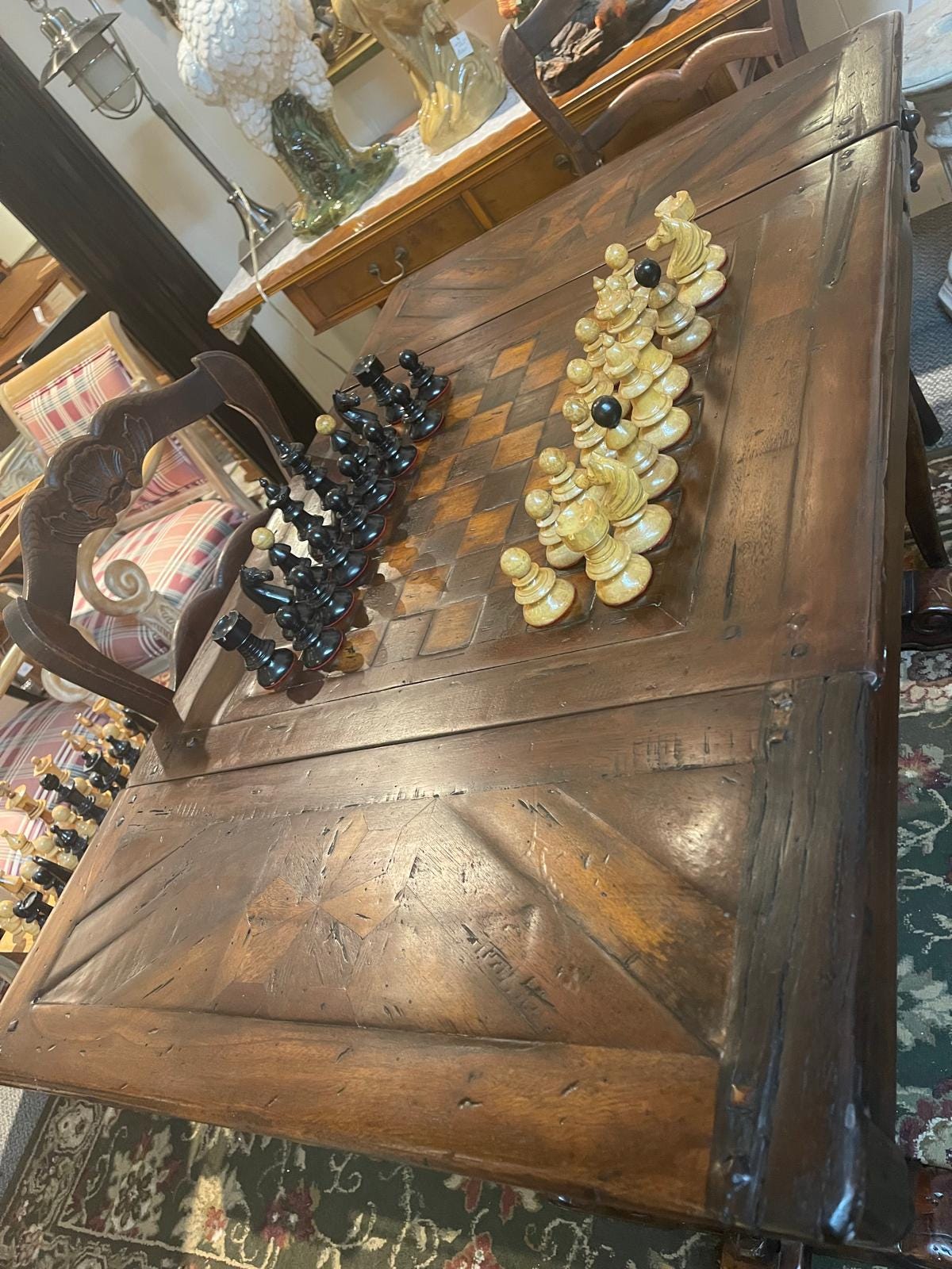 Antique Handcarved Walnut Chess Table Backgammon Game Table