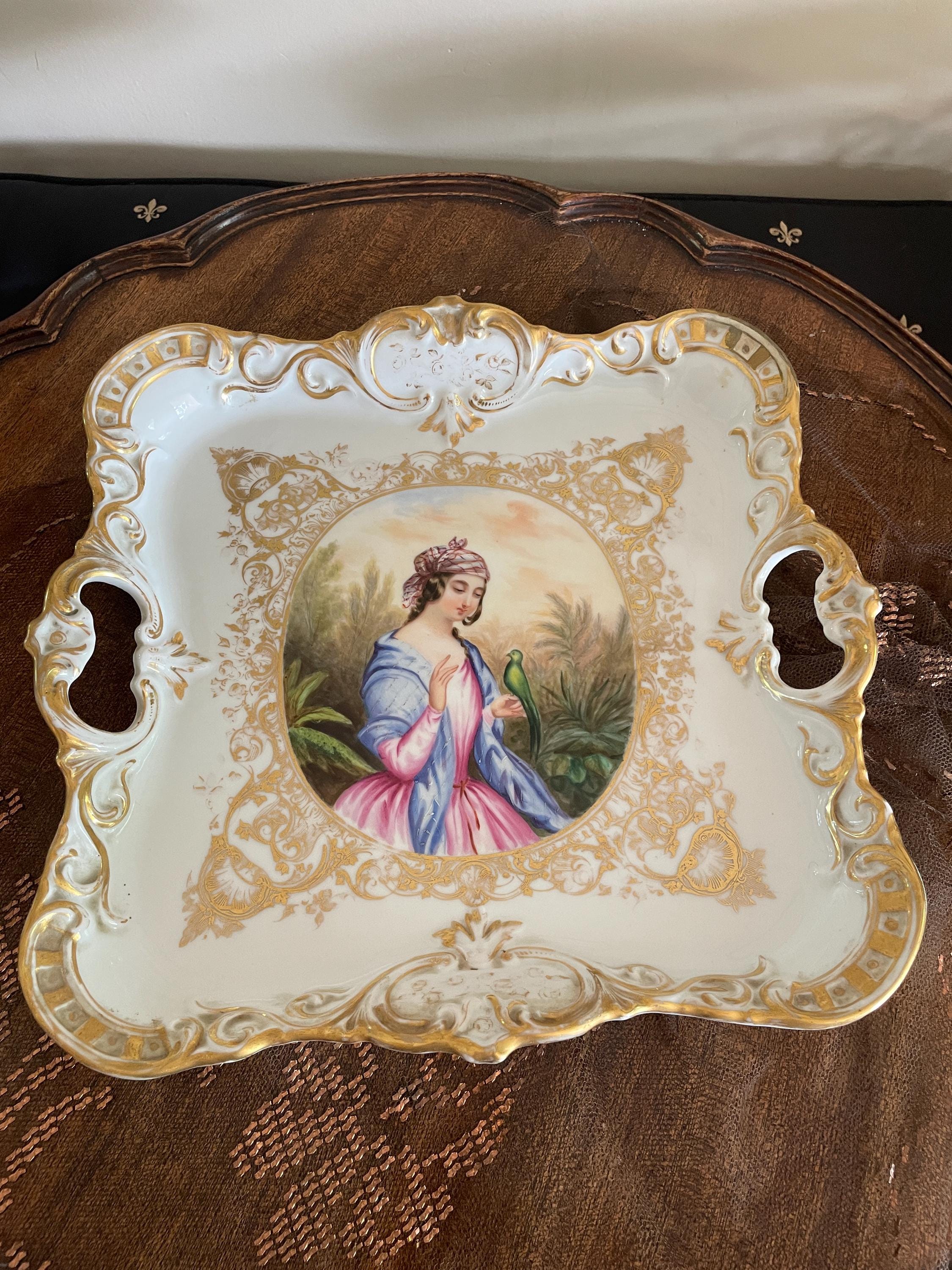* antique plate ୨୧ * タペストリー アンティークプレート Antique Hand Painted Porcelain Tray Rococo Gold Gilt French Style