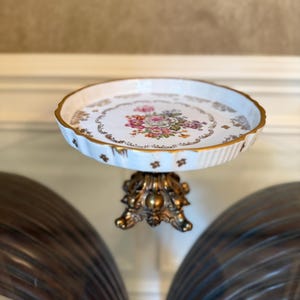 Vintage Porcelain Brass Pedestal Floral Serving Dish Ornate Hand Painted Floral Design Victorian Style Centerpiece Round Platter Fruit Bowl