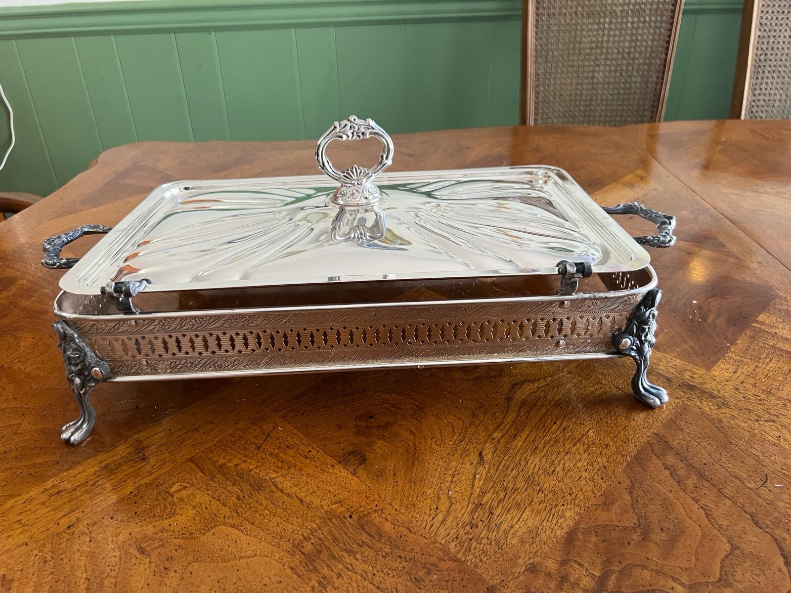 Vintage Ornate Silver Plated Food Warmer Tray Footed Buffet Server