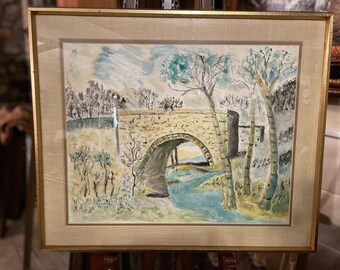 風景の水彩画 (田園風景)額入り ヴィンテージ額入り水彩画：石橋、田園風景 - Etsy 日本