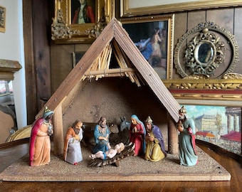 Presépio de Natal vintage Sagrada Família Reis Magos Conjunto religioso estável Menino Jesus Manjedoura Itália Pintado à mão Decoração de Natal colecionável