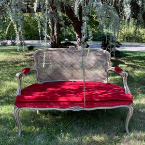 French Louis XV Style Vintage Caned Settee with Velvet Cushion Elegant Antique Bench Perfect for Home Décor Entryway or Living Room Seating