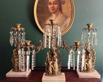 Antique Set of 3 Victorian Bronze Candlestick Girandole  Figural Ornate Crystal Prism  Marble Base Candleholder Mid 1800s
