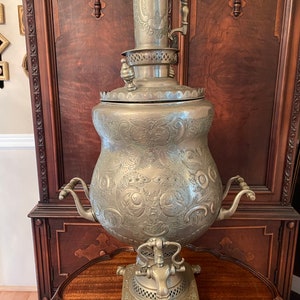 Antique Middle Eastern Samovar Large Engraved Brass Tea Urn Footed Base Unique Floral Pattern Arabic Script Collectible Decoration Piece