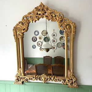 Heavy Ornated Antique Large Gold Gilt Hand Carved Wood Wall Mirror Vintage Rococo Style Wall Mirror French Baroque Accent Mirror Decorative