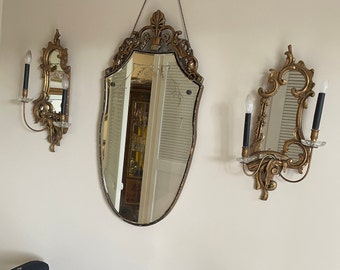 Pair Antique Gold Gilt Italian Style Wall Mirror Sconces Floral Carved Ornate Candle Holders Electric Light Baroque Decoration Wall Art