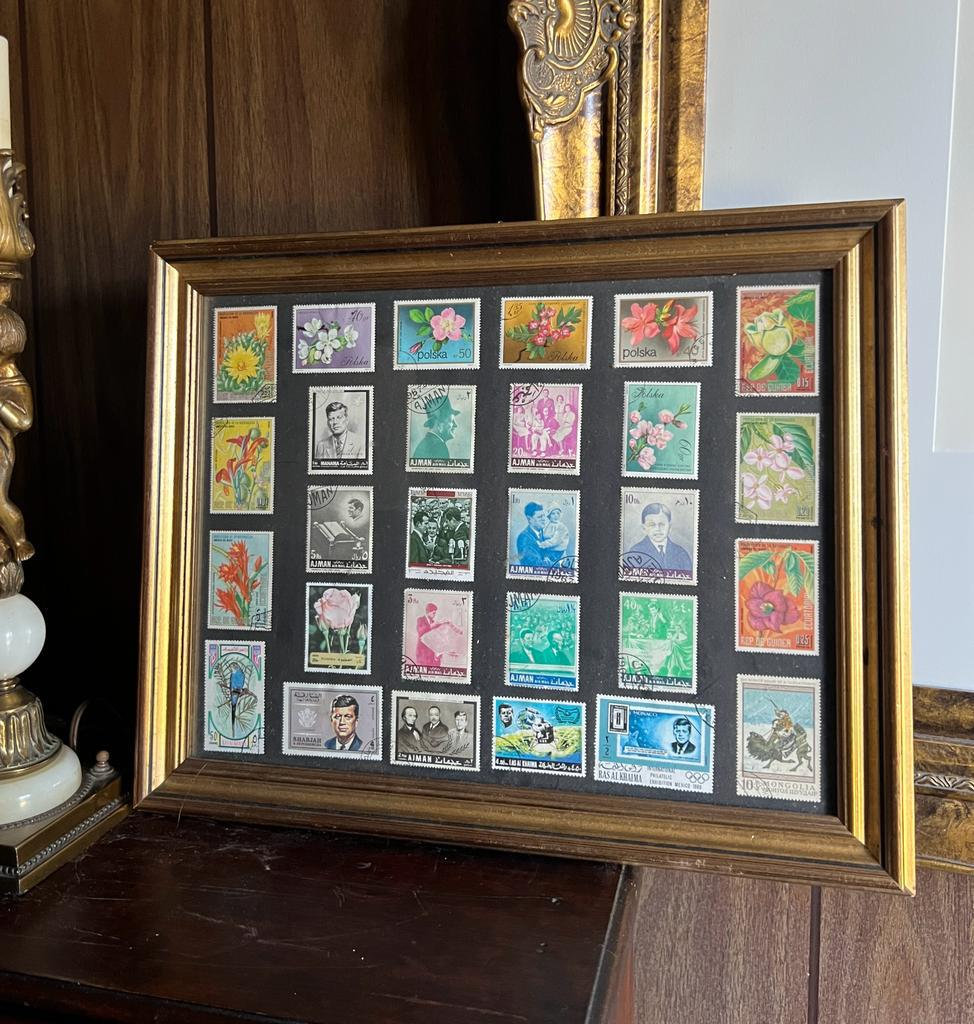 Gold Wood Framed Vintage International Postage Stamp Collection