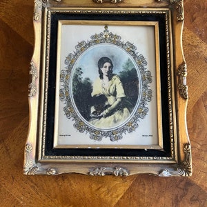 Victorian Style Ornate Framed Portrait Print Wall Art Featuring Woman Holding Flowers Antique Gold Frame Decorative Vintage Home Decor