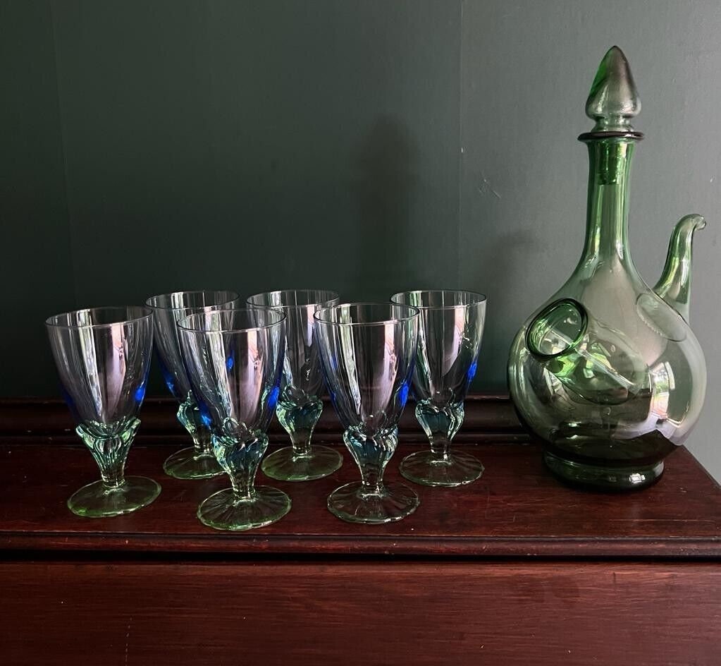 Set Of 6 Bormioli Rocco “BAHIA” Blue & Green Stemmed 5.5” Glasses Wine  Goblets