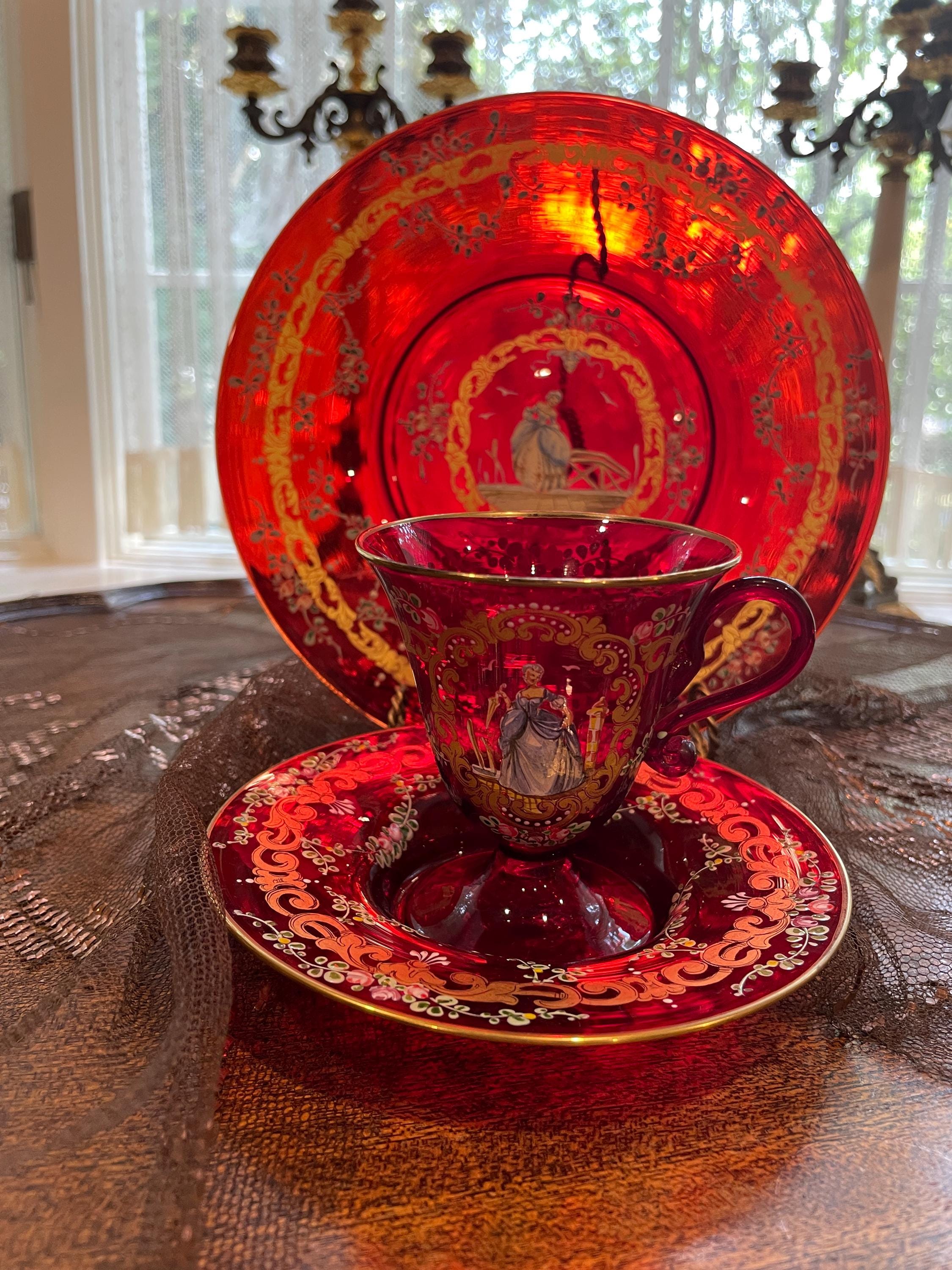 Bohemian Cranberry Glass Demitasse Cup Saucer Plate Set Gold Gilt