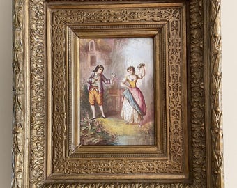 Pintura antigua de escena romántica con marco dorado ornamentado, arte europeo del siglo XIX