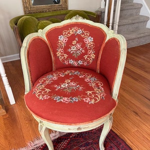 Vintage French Louis XV Salon Chair Floral Tapestry Red Needlepoint Seat Carved White Frame Rococo Vanity Accent Seating Unique Decoration