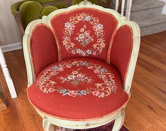 Vintage French Louis XV Salon Chair Floral Tapestry Red Needlepoint Seat Carved White Frame Rococo Vanity Accent Seating Unique Decoration