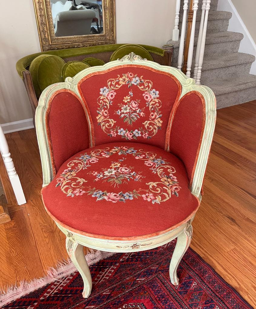 French Rococo Louis XV Giltwood and Cane Upholstered Fireside Chair  Attributed to Grosfeld House